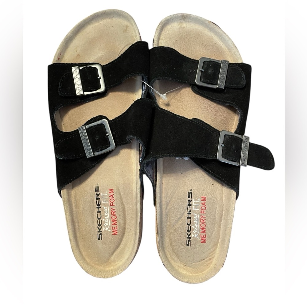 Black suede Skechers memory Foam straps Slip on sandals